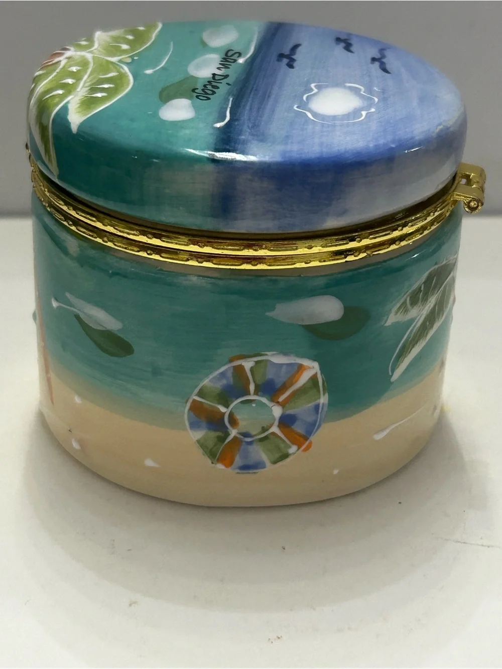 Vintage Trinket Box Hand-Painted Ceramic Coastal Beach Palm Design San Diego